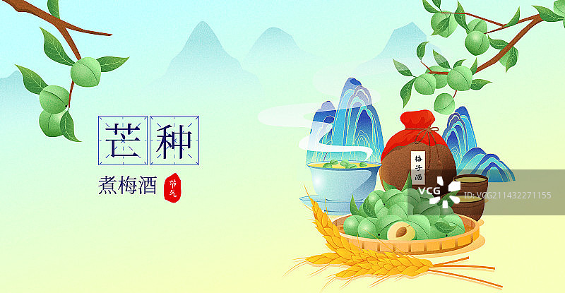 传统节气芒种青梅煮酒矢量插画海报图片素材