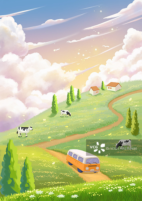 治愈系风景旅行路上的小巴车图片素材