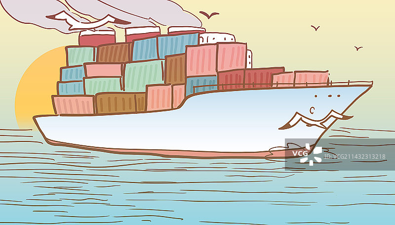 运输集装箱的巨大货轮航行在海洋上风景插画图片素材