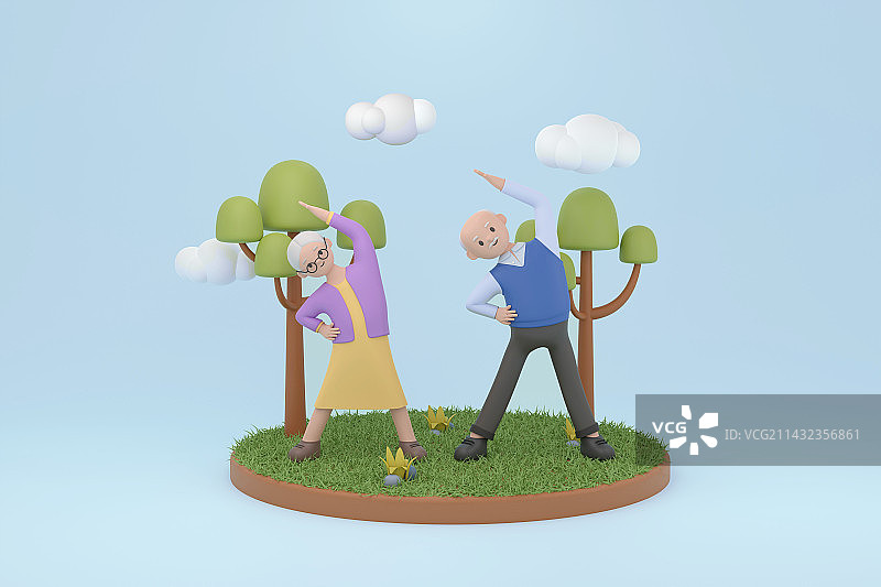 3d渲染老人户外锻炼身体插画图片素材