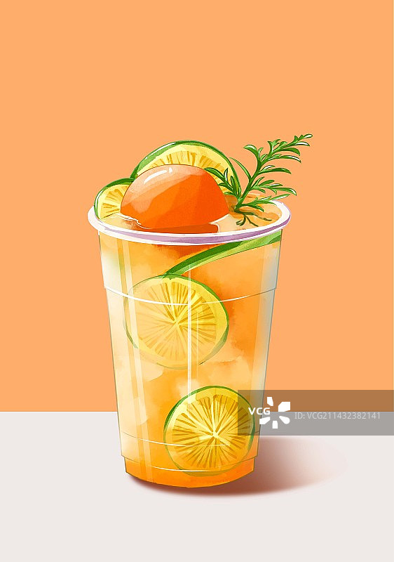 橙色背景下的黄桃柠檬饮料特写镜头图片素材