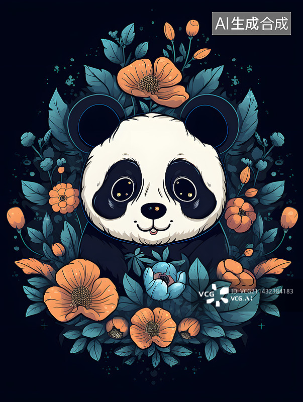【AI数字艺术】熊猫花朵纹身复古配色插画图片素材