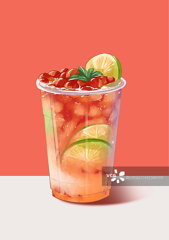 彩色背景下的樱桃柠檬饮料特写镜头图片素材