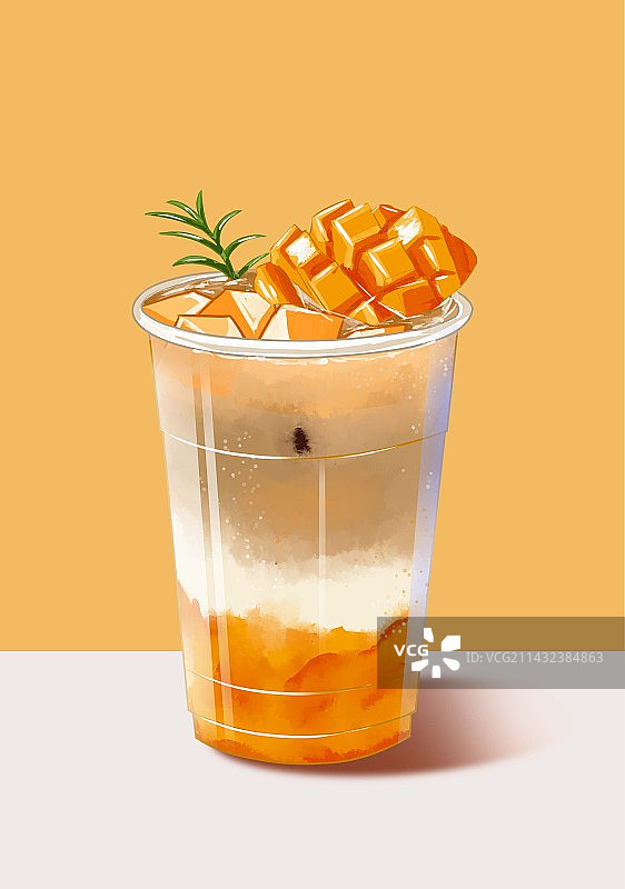 黄色背景下的玻璃饮料芒果奶茶插画特写镜头图片素材