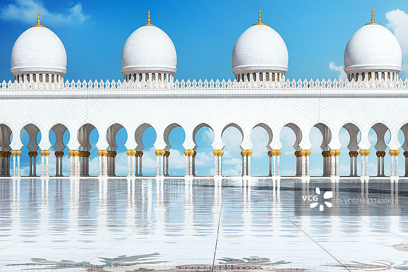晴天的阿布扎比大清真寺，全名谢赫扎耶德本苏尔坦阿勒纳哈扬清真寺，高贵典雅神圣图片素材