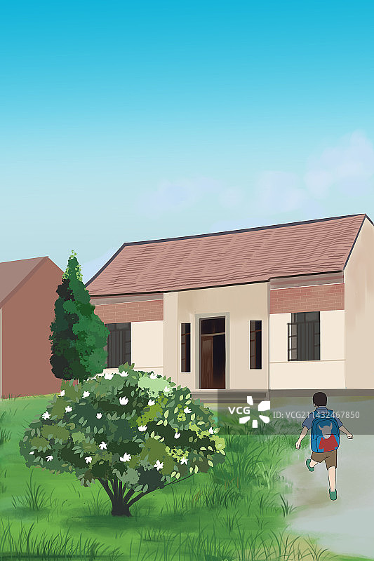 童年往事小时候美好回忆放学后回家湖北农村乡村村子老房子老屋门前小学生插画图片素材