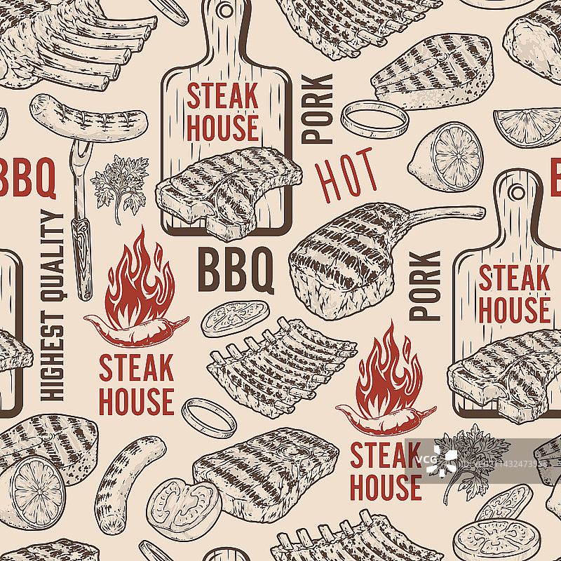 牛排店彩色图案无缝背景图片素材