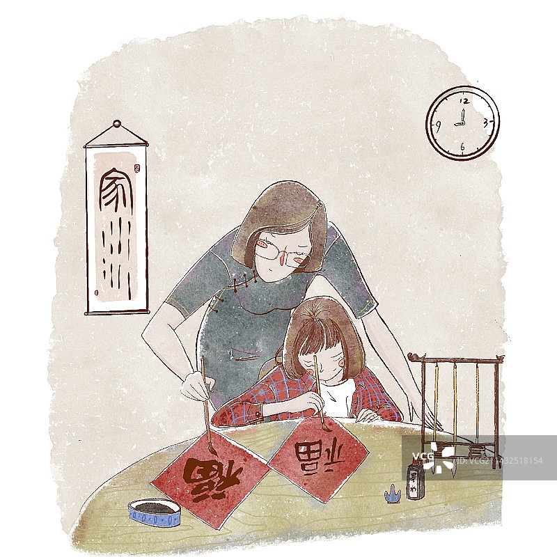 母亲节 母女俩一起写毛笔字图片素材