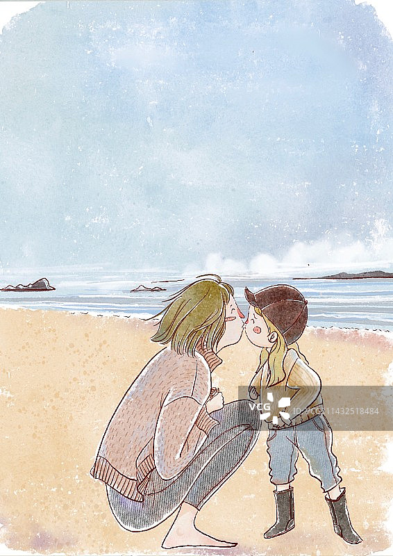 母亲节  母子海滩玩耍 水彩风格图片素材
