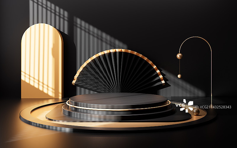 中国风室内建筑与空的展示台背景3D渲染图片素材