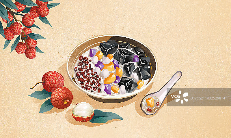 二十四节气之大暑特色美食插画吃仙草和荔枝图片素材