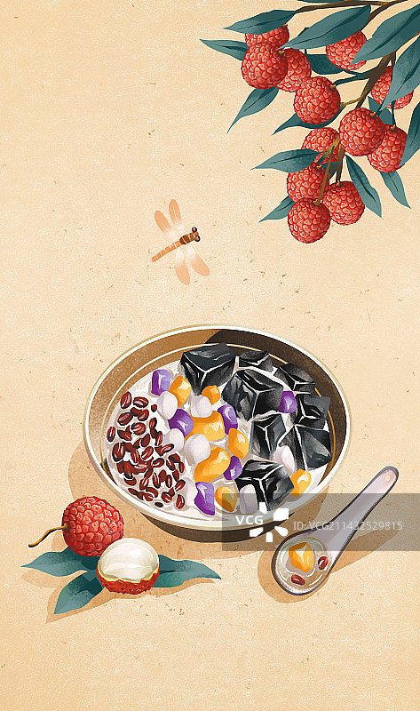 二十四节气之大暑特色美食插画吃仙草和荔枝图片素材