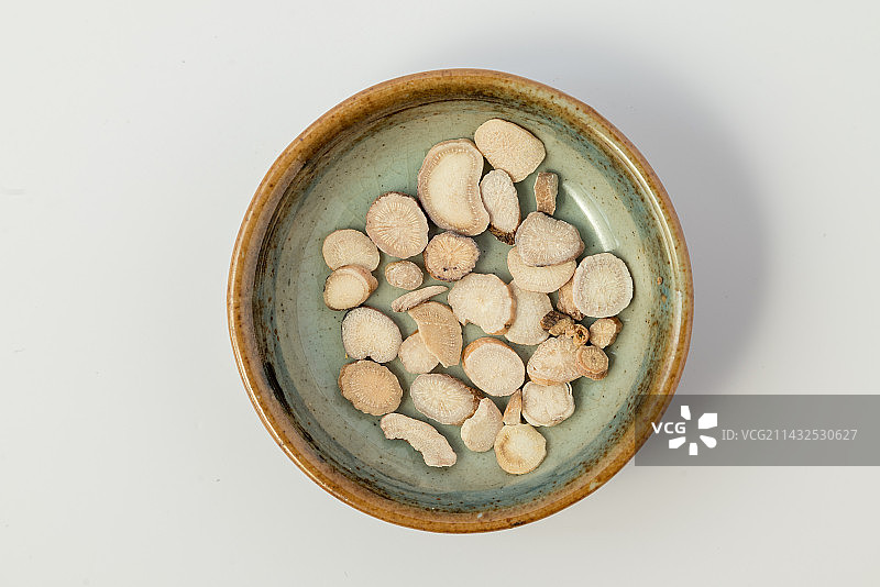 白芍-中医中药材草药临床医药标本百科白背景俯拍合集图片素材