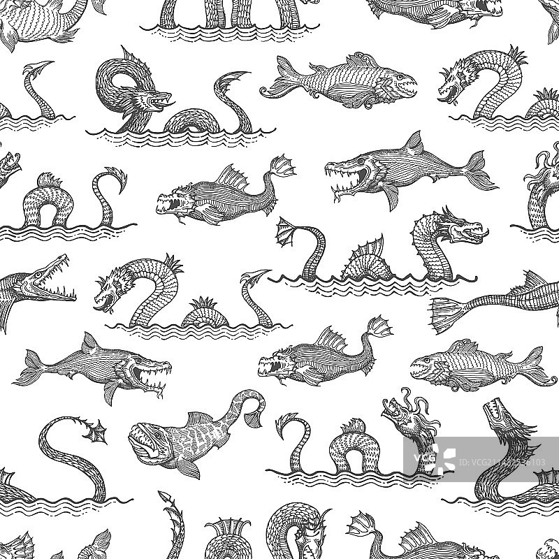 古代海蛇龙和利维坦图案图片素材