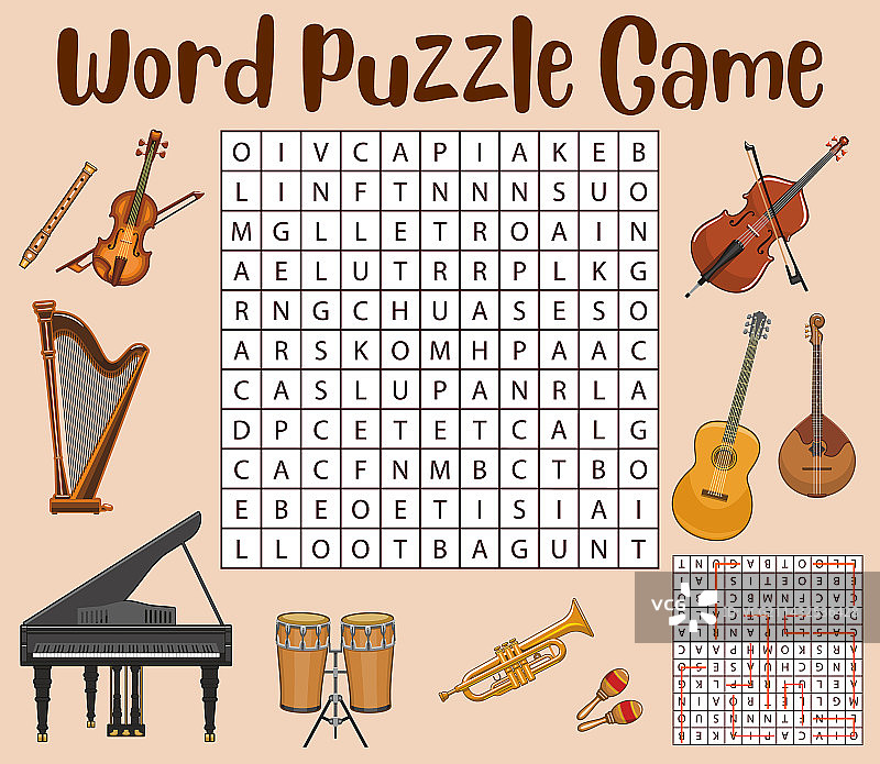 乐器主题的文字搜索益智游戏图片素材