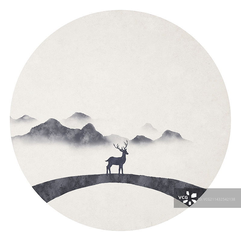 山水鹿插画图片素材