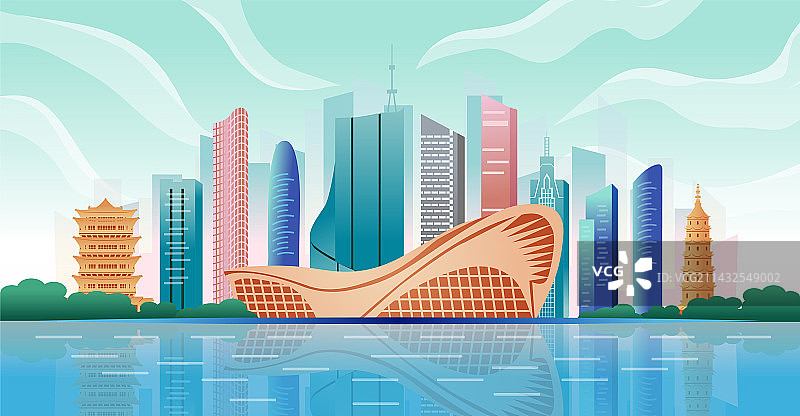 中国安徽省合肥市商务科技城市彩色插画图片素材