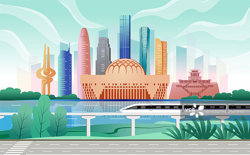 中国山东济南市商务科技城市彩色插画图片素材