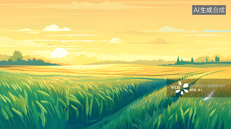 【AI数字艺术】乡村的田野芒种节气插画背景图片素材