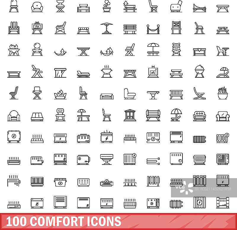 100个舒适图标，轮廓风格图片素材