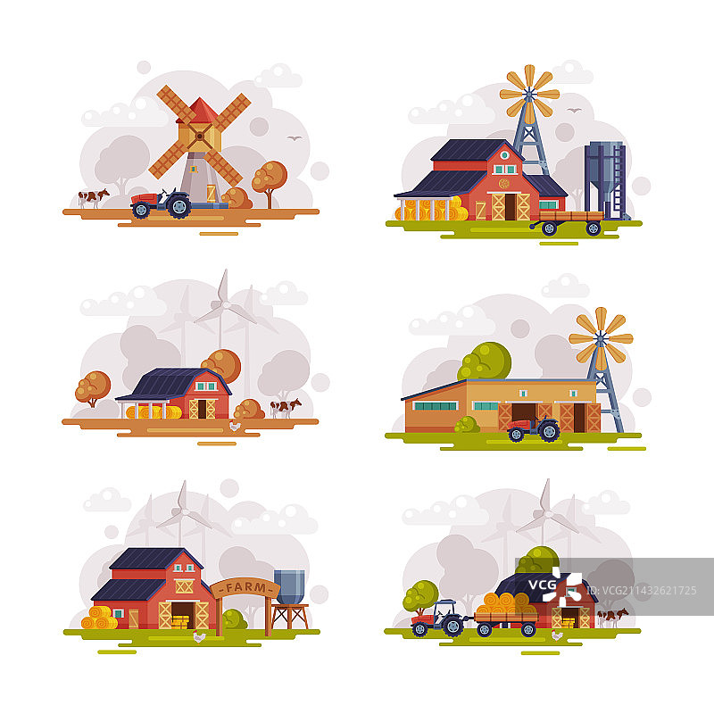 带谷仓拖拉机风车的农场元素图片素材
