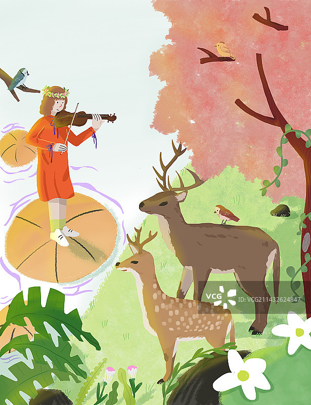 惊蛰节气手绘肌理插画女孩在在河边给小鹿小提琴演奏图片素材