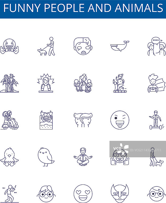 有趣的人物和动物线性图标图片素材