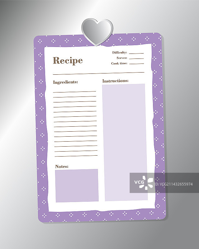 带银色心形磁铁的空白食谱模板图片素材