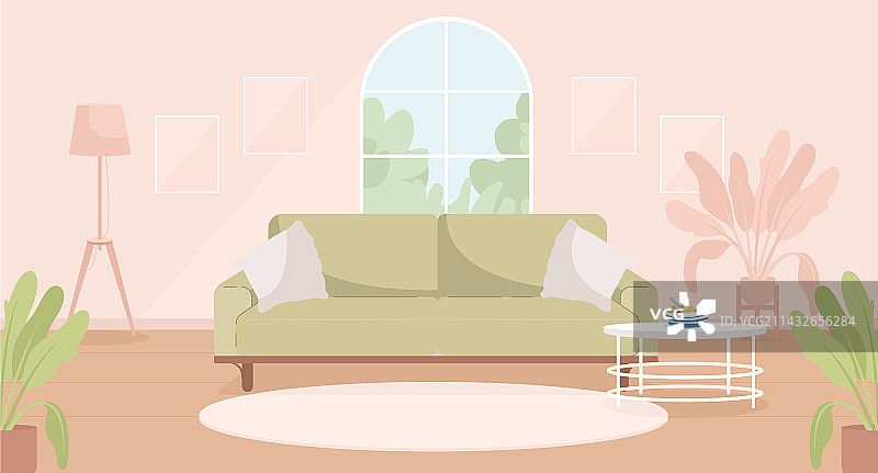 鼠尾草绿粉色现代客厅扁平风格图片素材