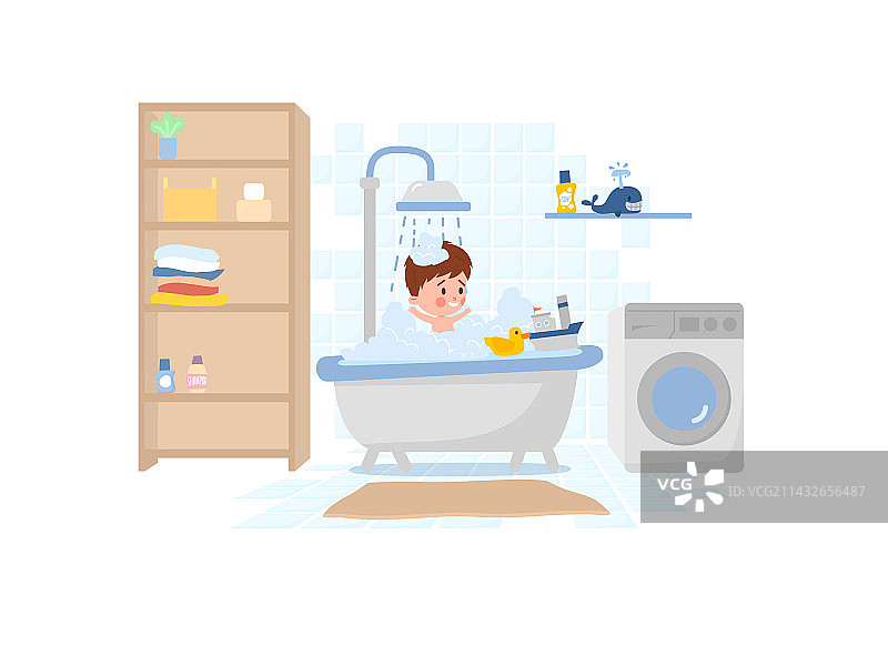 卡通风格的可爱小男孩泡泡浴图片素材