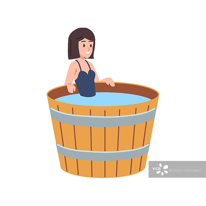 在木制背景上放松的快乐女人（扁平风格）图片素材