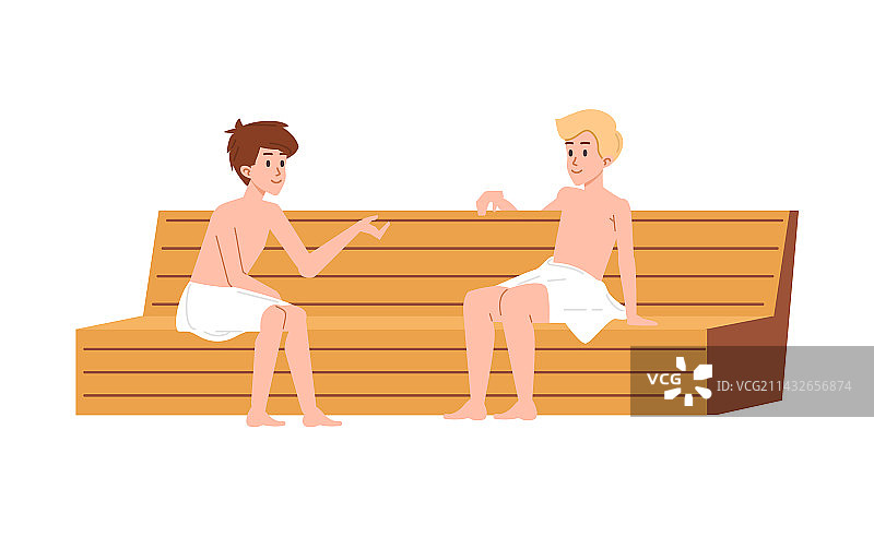 男士们围着浴巾坐在桑拿房的木凳上图片素材