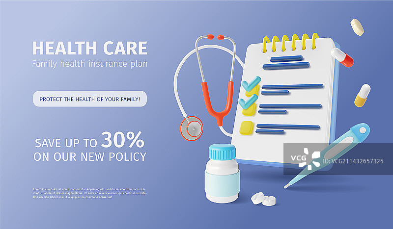 3D医疗保健家庭保险政策广告banner图片素材