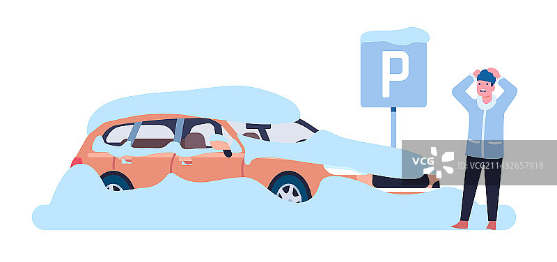 男人因看到被雪覆盖的汽车而感到害怕图片素材