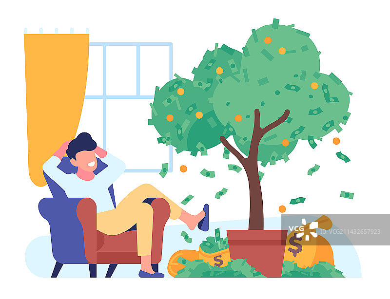 男人放松并从被动收入中获得金钱图片素材