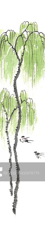 手绘水墨竖幅插画柳树燕子图片素材