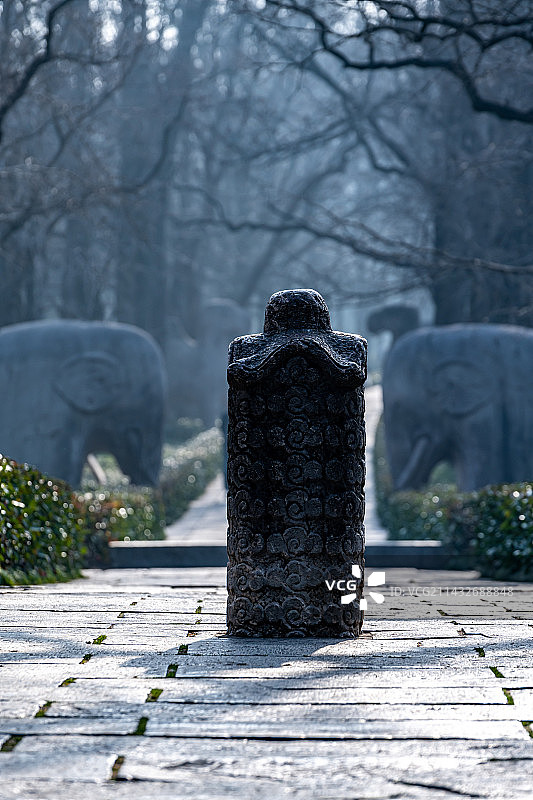 早春清晨雾色中的江苏南京明孝陵石像路神道自然景观图片素材