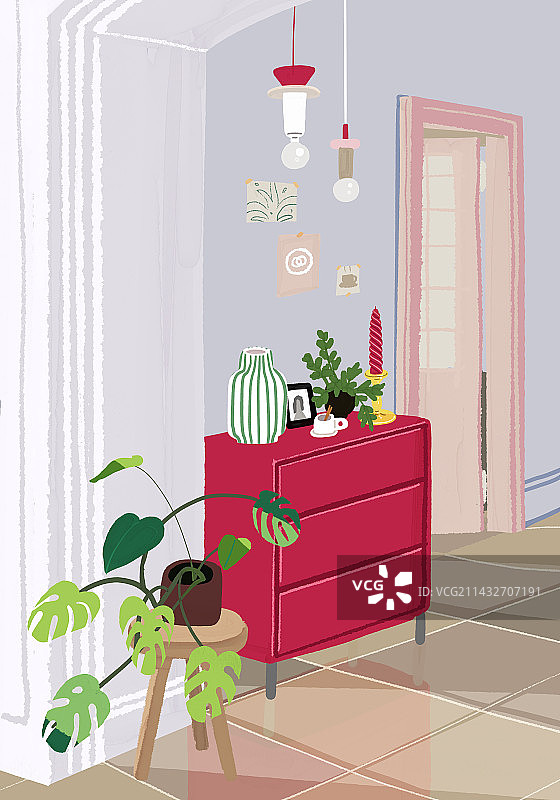 室内家居装饰品红色抽屉柜花盆图片素材