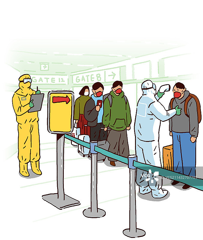 新冠病毒隔离期间机场设施检查插画图片素材