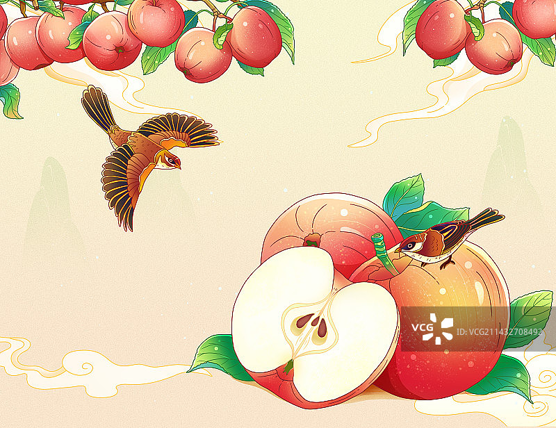 手绘国风苹果包装插画图片素材