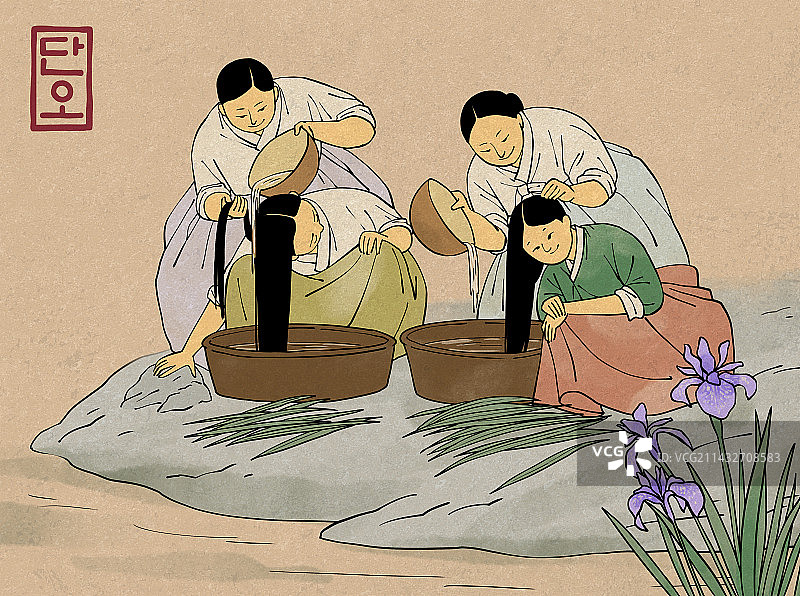 端午节，韩服，鸢尾花，洗发，溪流，女人，传统文化图片素材