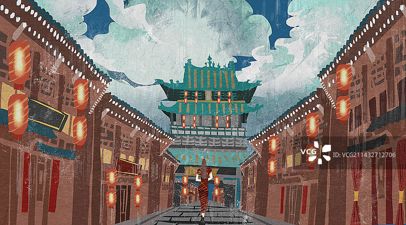 山西平遥古城插画图片素材