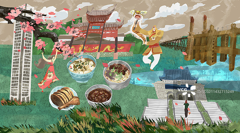南京城市建筑人文美食插画图片素材