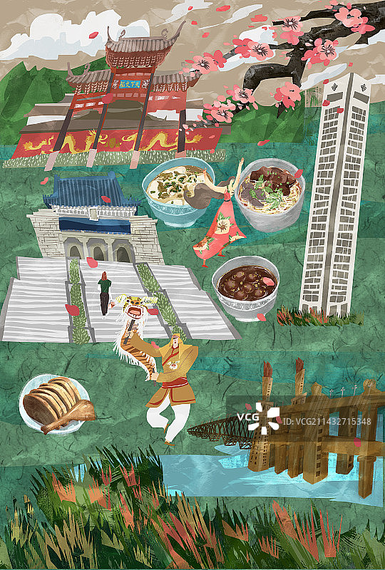 南京城市建筑人文美食插画图片素材
