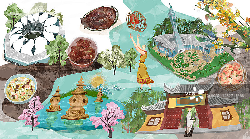 杭州城市建筑人文美食插画图片素材
