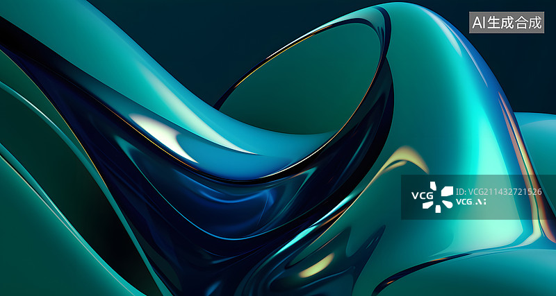 【AI数字艺术】蓝绿色科技感光滑曲面反射特写表面3D渲染壁纸图片素材