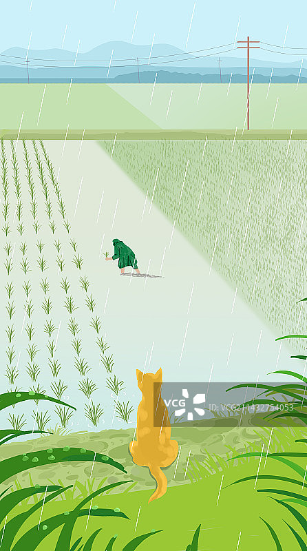 春天春季季节农村乡村乡下田园风光种地种植插秧插画图片素材