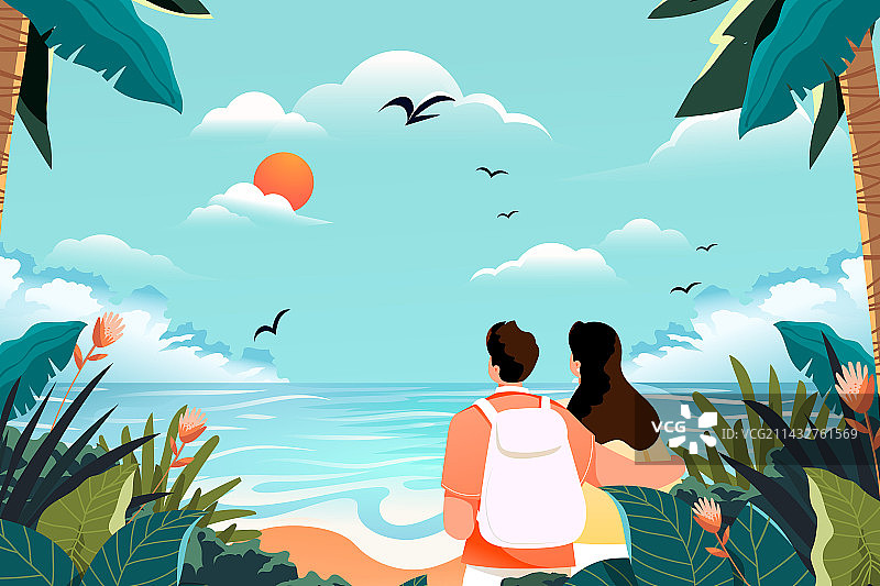 卡通夏季夏天海边休闲度假美女情侣家人亲子冲浪游泳大暑小暑放假暑期海岛出游旅游电商消费风景渐变矢量插画图片素材