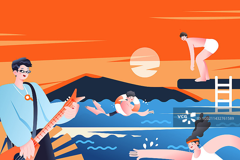 卡通夏季夏天海边休闲度假美女情侣家人亲子冲浪游泳大暑小暑放假暑期海岛出游旅游电商消费风景渐变矢量插画图片素材