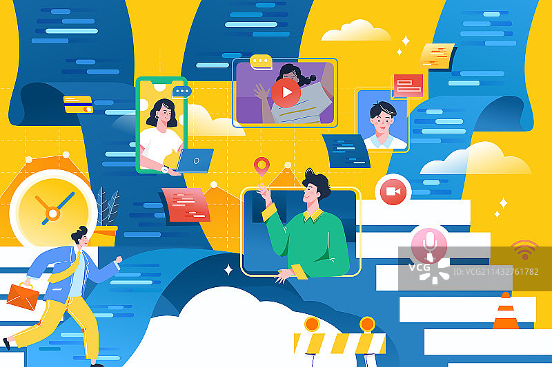 卡通夏季夏天社交学生青年节城市出游数据化互联网沟通远程办公职业劳动节商务团队办公渐变矢量插画图片素材